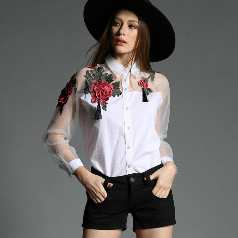 Embroidery Jersey - Женская модная шифоновая блузка с цветочной